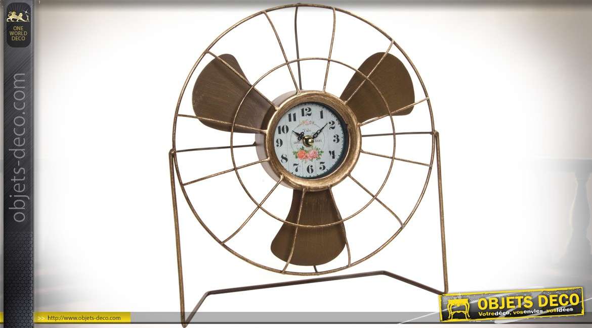 Horloge à poser en forme d'ancien ventilateur. Déco rétro métal doré 35,5 cm