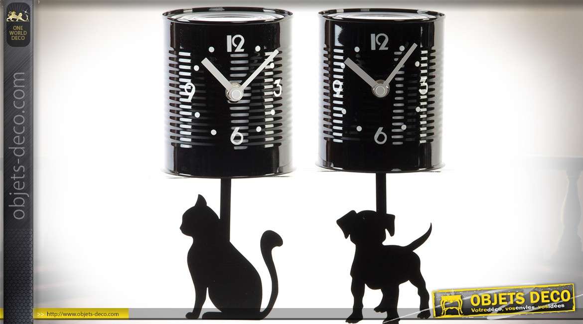 Duo d'horloges à poser, en métal, modèles chien et chat, coloris noir 20 cm