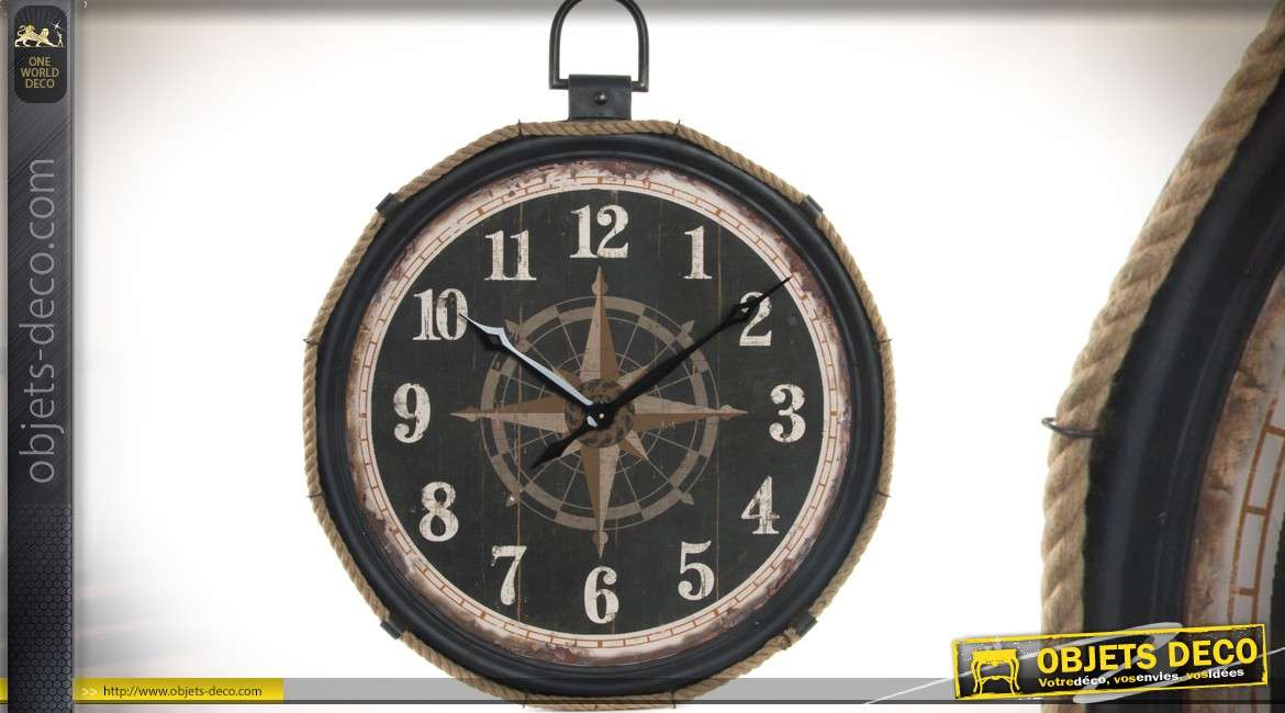 Horloge murale rétro en cordage et métal style bord de mer 99 x 81 cm