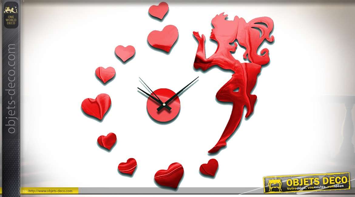 Horloge en sticker 11 éléments à coller, coloris rouge brillant thème fée et coeurs