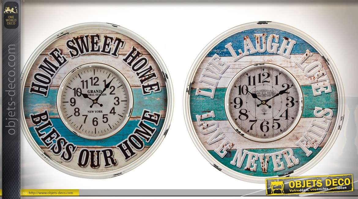 Duo d'horloges rondes en bois et métal style rétro et bord de mer Ø 48 cm