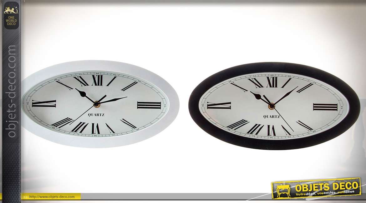 Duo d'horloges en métal, coloris noir et blanc en métal, forme ovale allongée 33 cm
