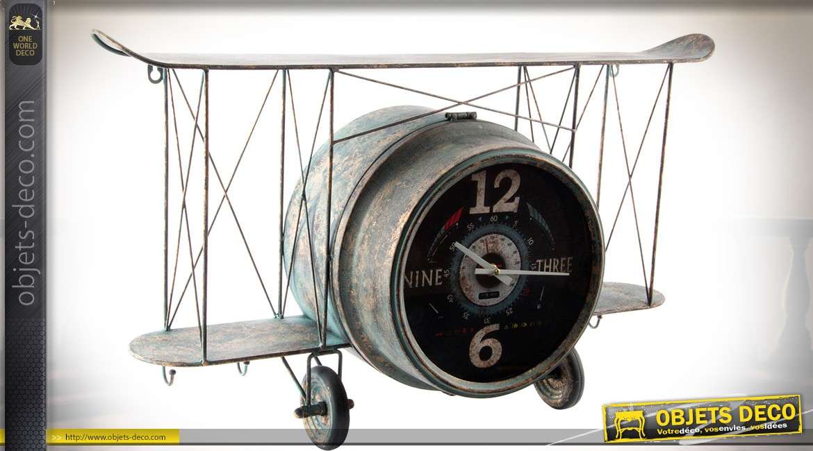 Horloge murale en métal style rétro indus vieil avion biplan 76 cm
