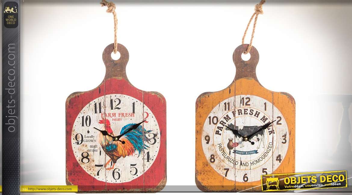 Duo d'horloges murales en forme de planches de cuisine avec motifs rétro 40 cm
