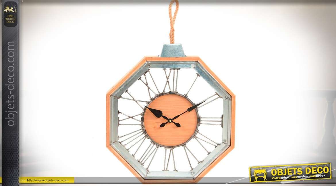 Horloge octogonale en bois et métal coloris bois naturel et métal gris clair Ø 48 cm