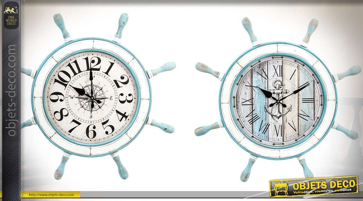 Duo d'horloges barres à roues en bois et verre style rétro et bord de mer Ø 72 cm