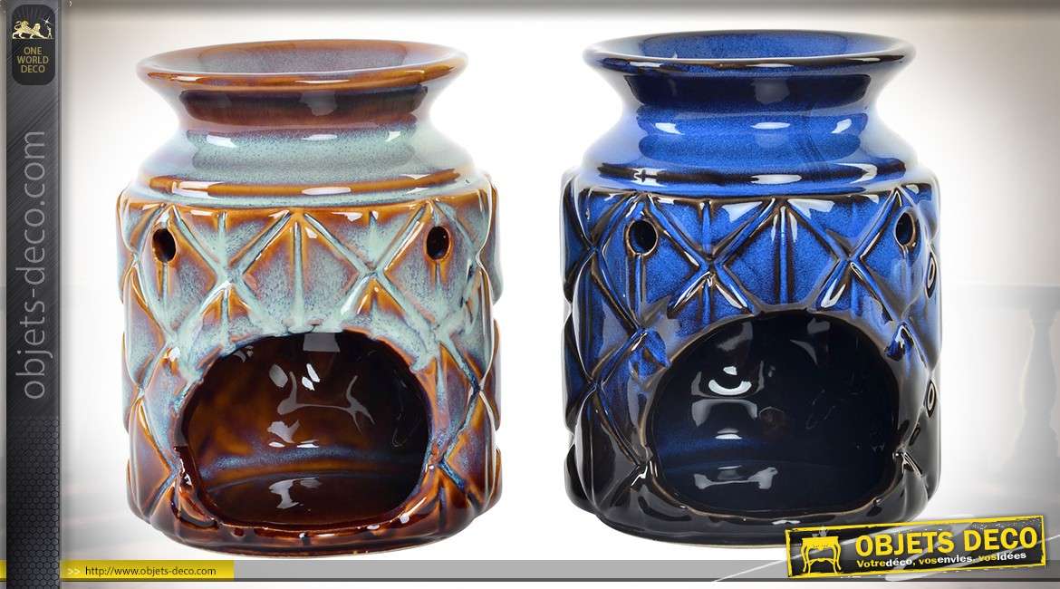 Série de 2 brûleurs d'huiles essentielles en porcelaine : bleu et coloris miel 13 cm