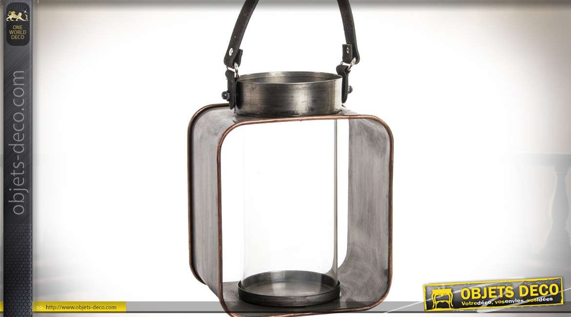 Lanterne bougeoir en métal aspect vieilli style indus avec poignée cuir 23 cm