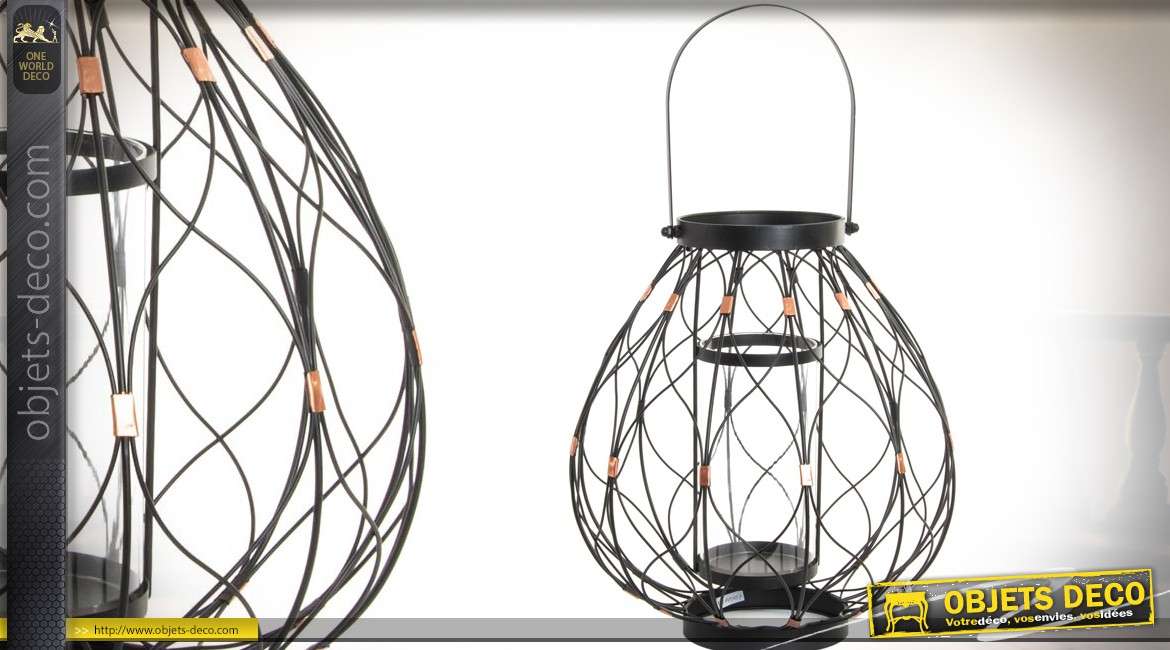 Lanterne bougeoir de table en métal coloris noir aspect grillagé 36 cm
