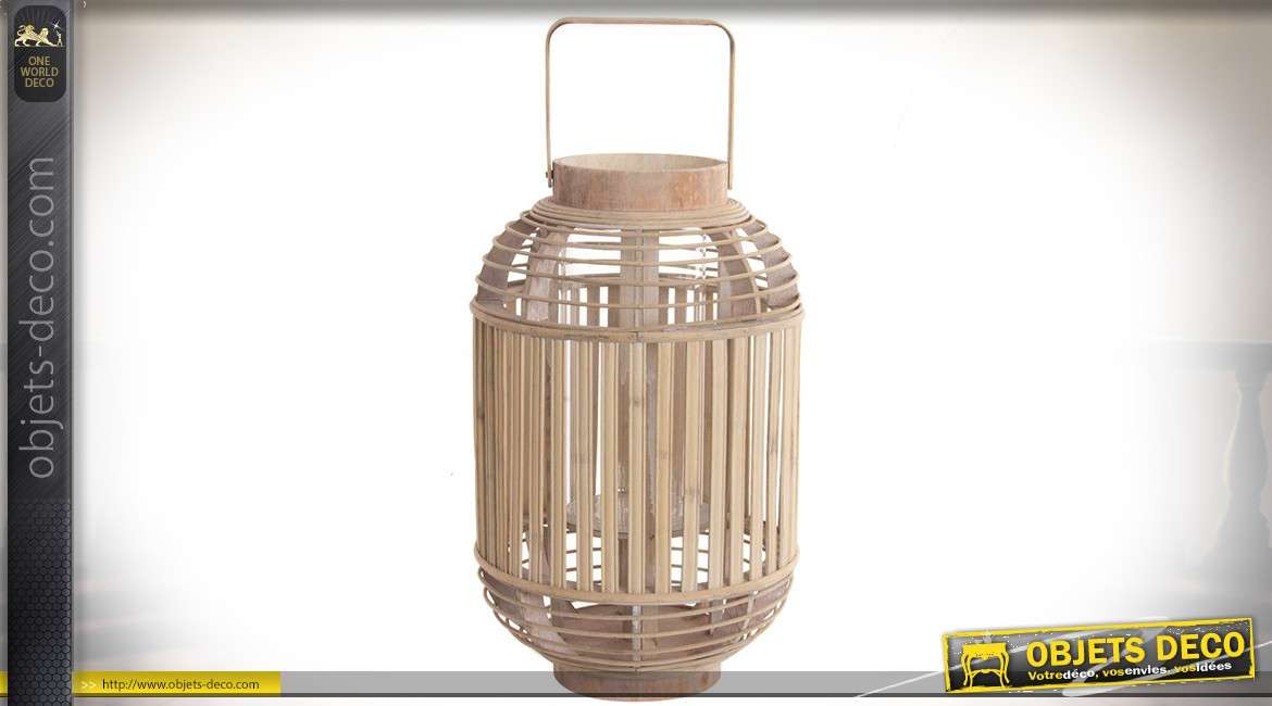 Lanterne bougeoir cylindrique en bambou naturel avec support central en verre