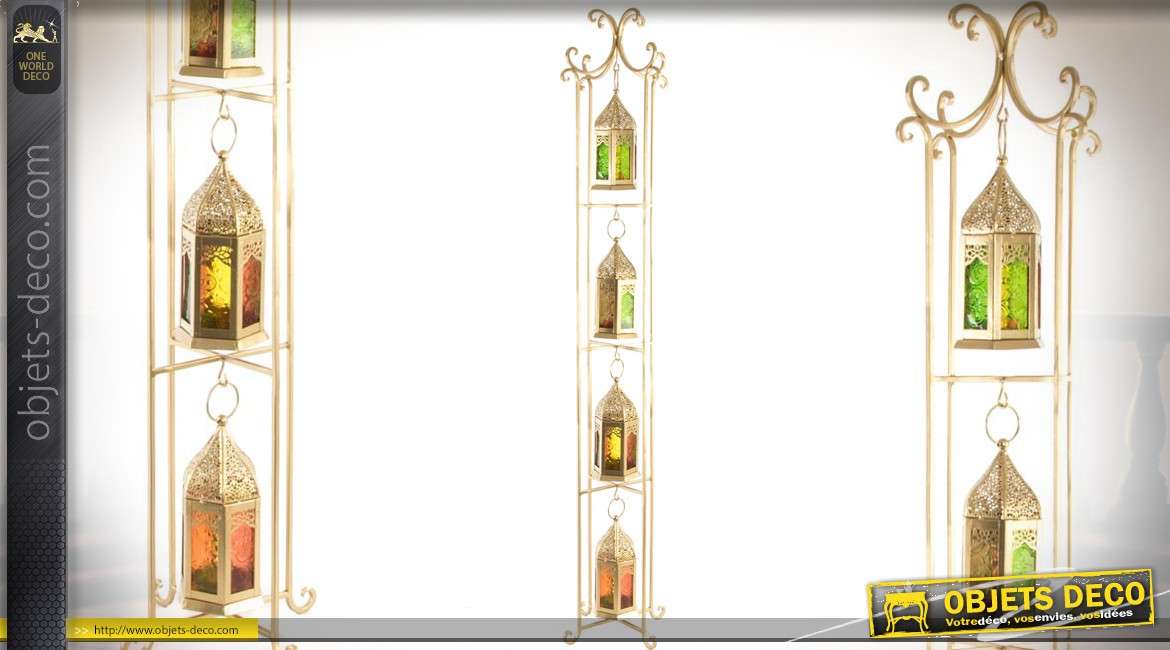 Colonne de 4 lanternes suspendues de style oriental en métal doré 110 cm
