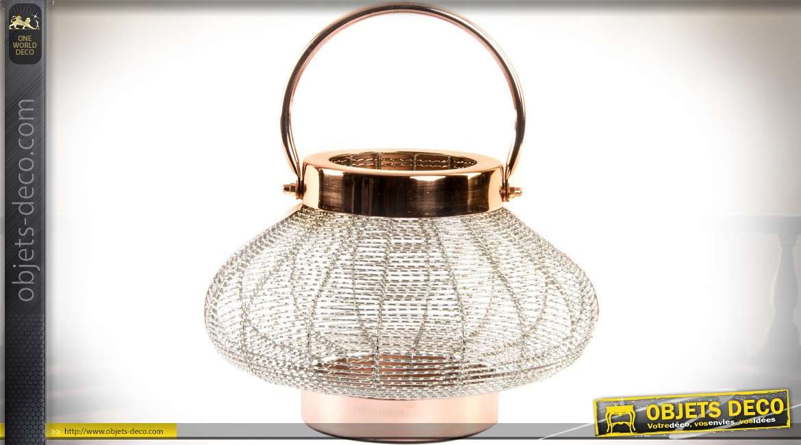 Lanterne de table bougeoir en métal aspect grillagé et cuivré Ø 27 cm