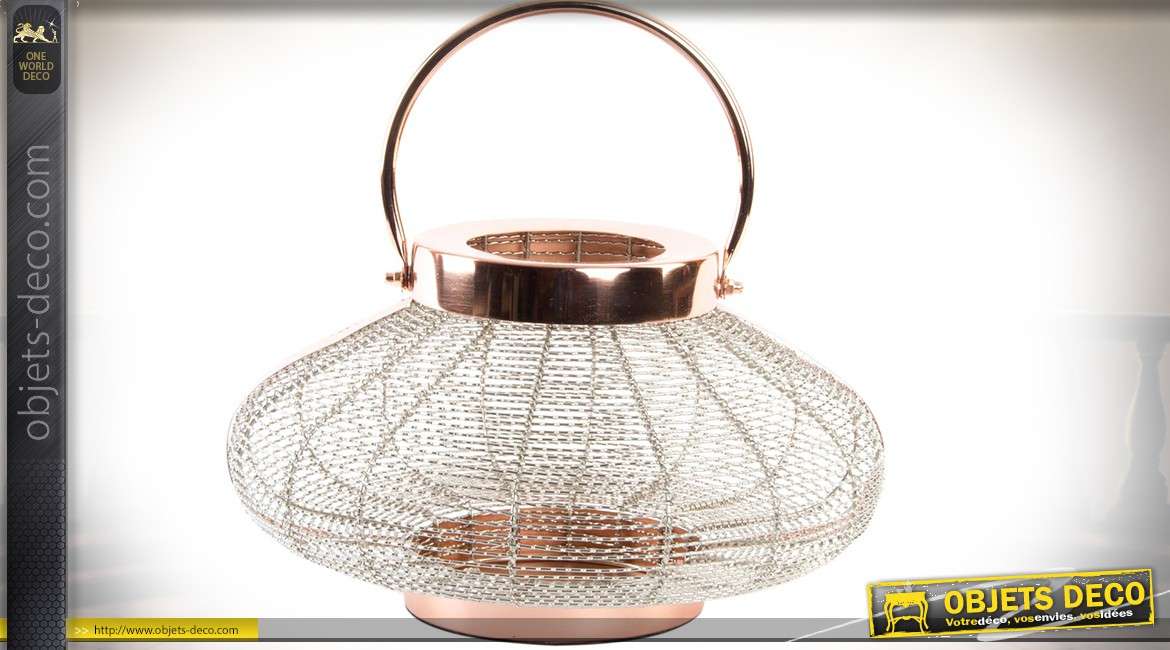 Lanterne bougeoir de table en métal cuivré aspect grillagé Ø 33 cm