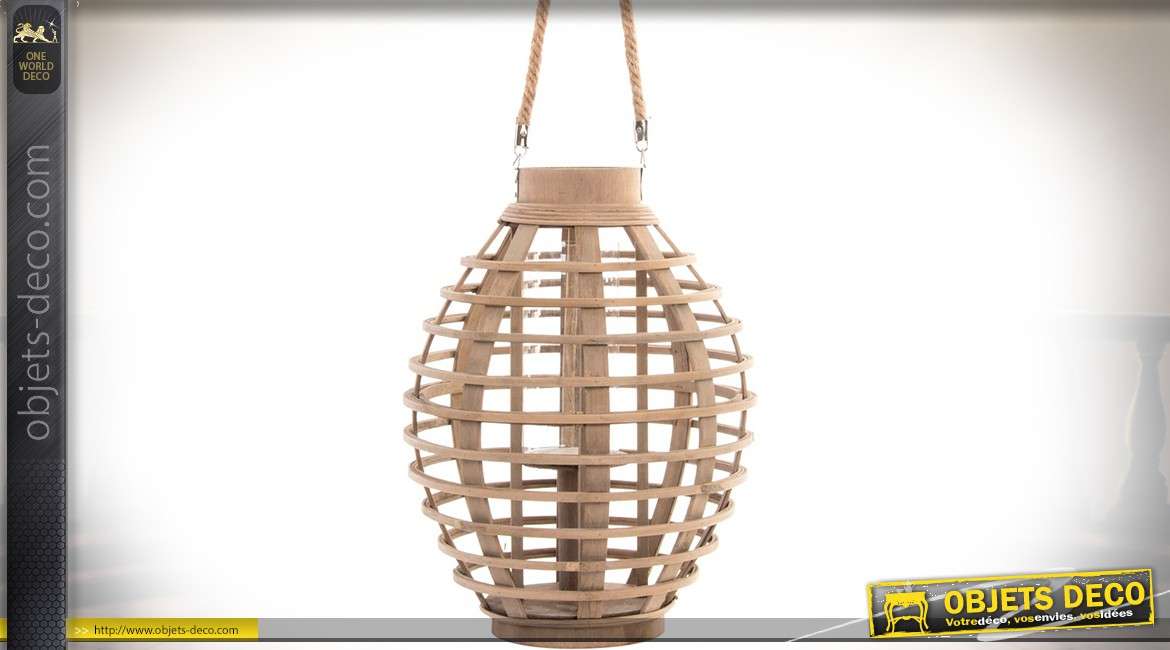 Lanterne bougeoir de forme ovale formant une cage en bois clair 37 cm