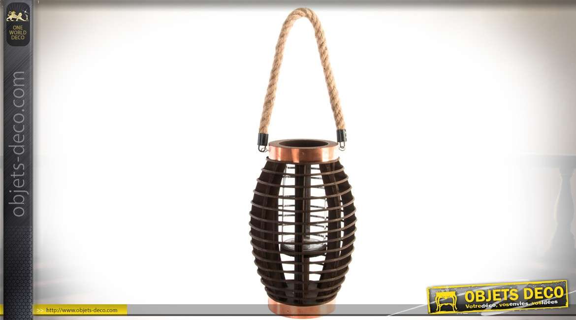 Lanterne bougeoir à poser ou à suspendre en bois, métal et corde 27 cm