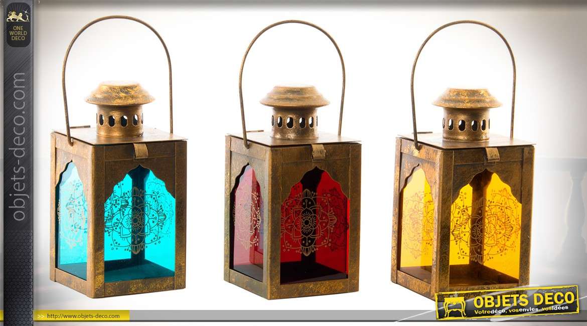 Série de 3 petites lanternes bougeoirs en métal cuivré et verre teinté 15 cm