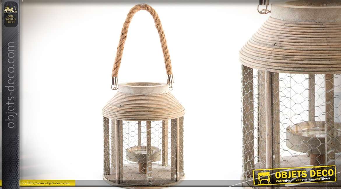 Lanterne bougeoir en bois, verre et cordage de style campagne chic 21,5 cm