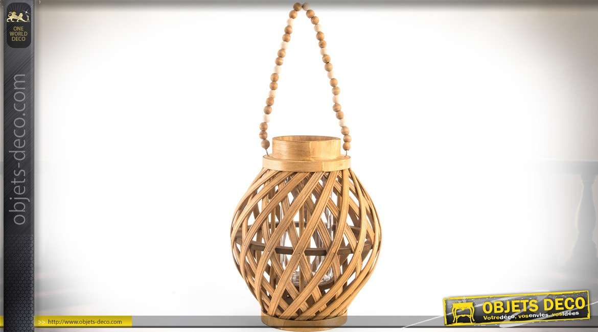 Lanterne décorative bougeoir en lamelles de bois tressées et ajourées 30,5 cm