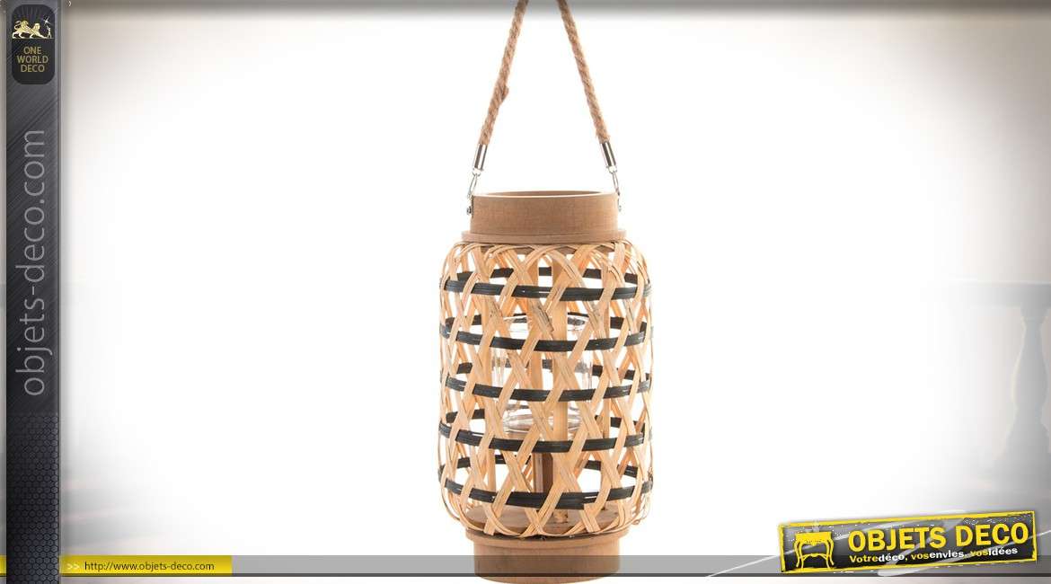 Lanterne bougeoir en bambou à maillage en losanges, avec support en verre