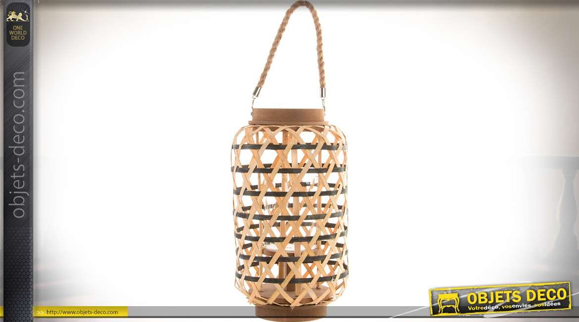 Lanterne bougeoir cylindrique en bambou naturel tressé 33 cm