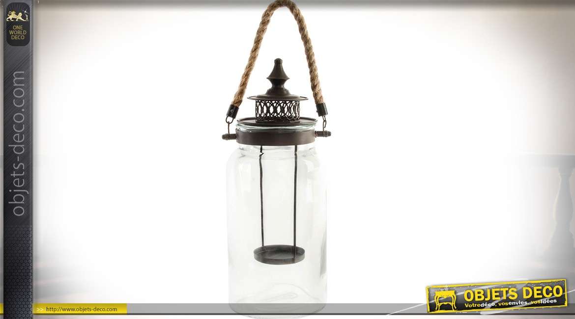 Bougeoir / lanterne en verre et métal avec poignée en cordage 40 cm