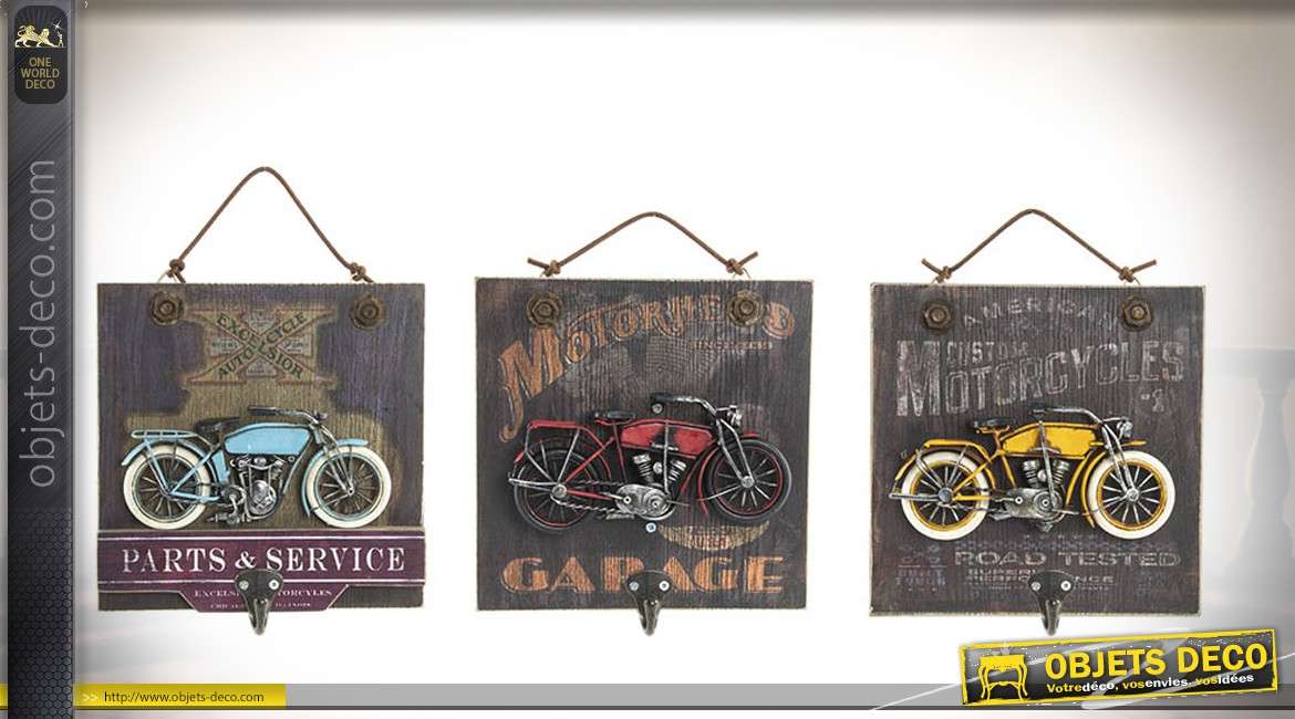 Ensemble de 3 portes-manteaux muraux en bois et métal thème vieilles motos