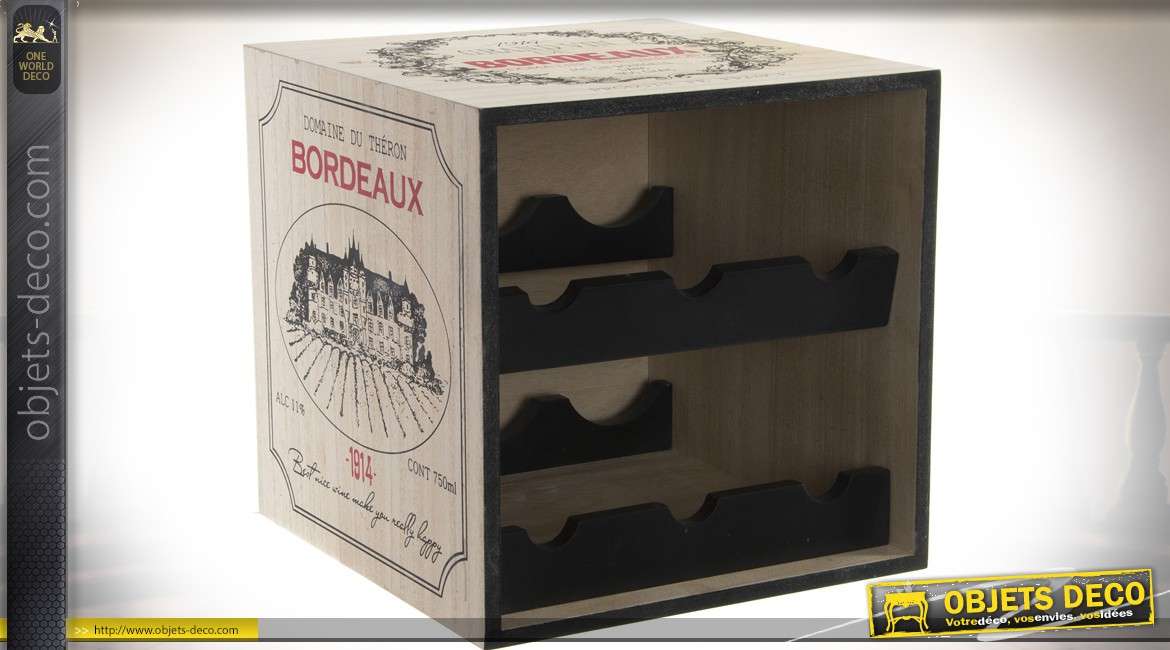 Casier porte-bouteilles en bois  pour 6 bouteilles thème vins de Bordeaux