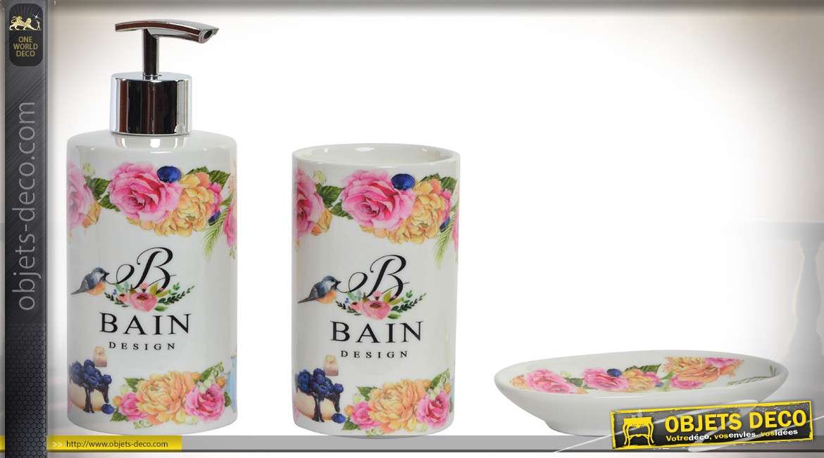 Set de 3 accessoires de salle de bain, en porcelaine à motifs fleuris