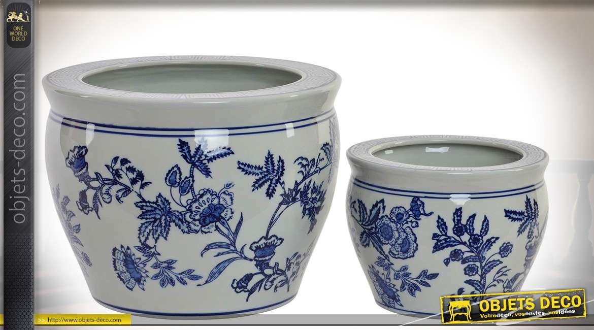 Pots de fleurs en porcelaine blanche à motifs fleuris bleus de style rétro Ø 30 cm
