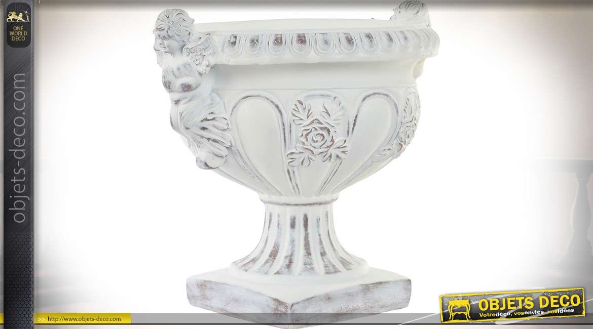 Vase de style classique avec anges, en fibre de verre patine blanche vieillie Ø 49 cm