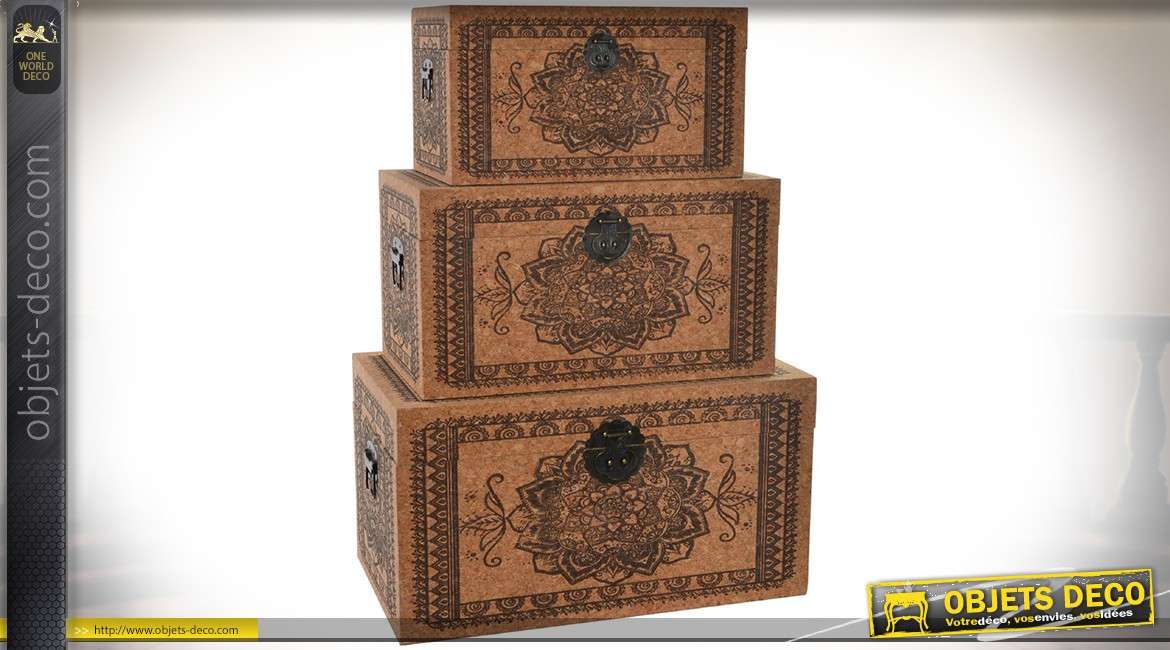 Série de 3 coffres en bois et liège à motifs de mandalas et frises ethniques