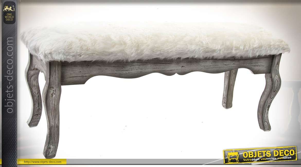 Bout de lit banque en bois aspect vieilli avec assise effet fourrure ivoire