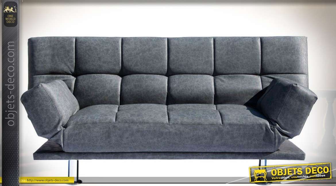 Canapé design vintage tapissé en similicuir gris ardoise piètement chromé