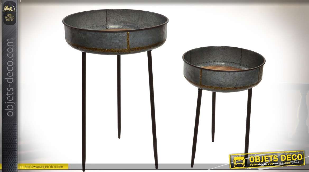 Duo de table d'appoint rondes avec plateaux en métal vieilli 80 cm