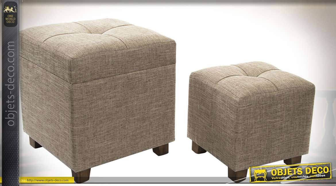 Duo de poufs en bois et tissu, forme carrée avec assise capitonnée 45 cm