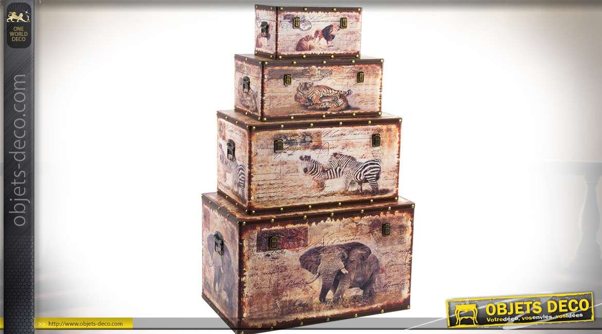 Série de 4 coffres en bois et toile illustrés thème animaux d'Afrique 70 x 42 cm