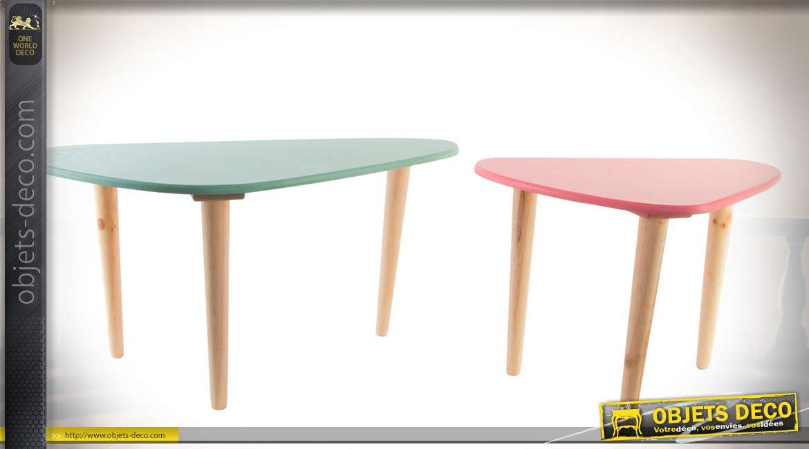 Duo de tables basse de style vintage avec plateaux coloris pastel 70 x 40 cm