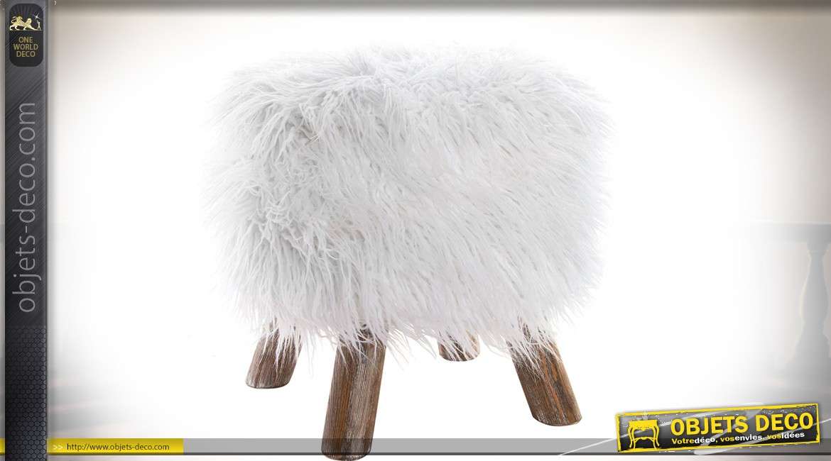 Pouf tabouret piètement bois assise fausse fourrure blanche à longs poils Ø 38 cm