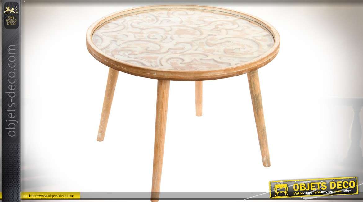 Table basse ronde de style vintage avec plateau bois sculpté Ø 70 cm