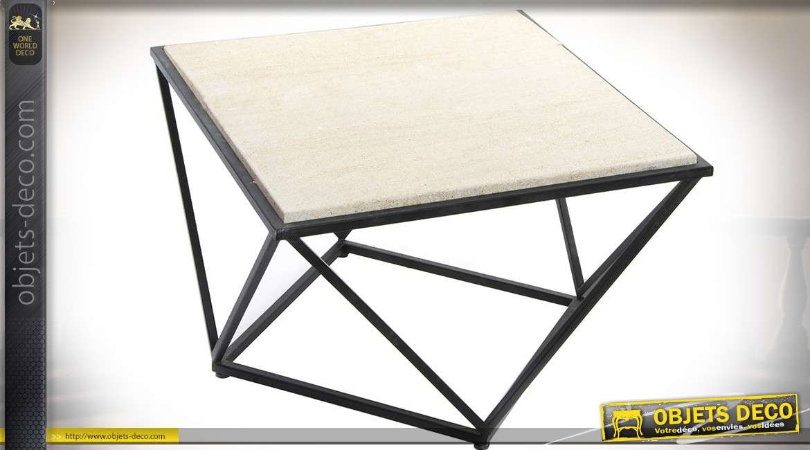 Table basse bout de canapé design en métal noir et pierre blanche 60 x 60 cm