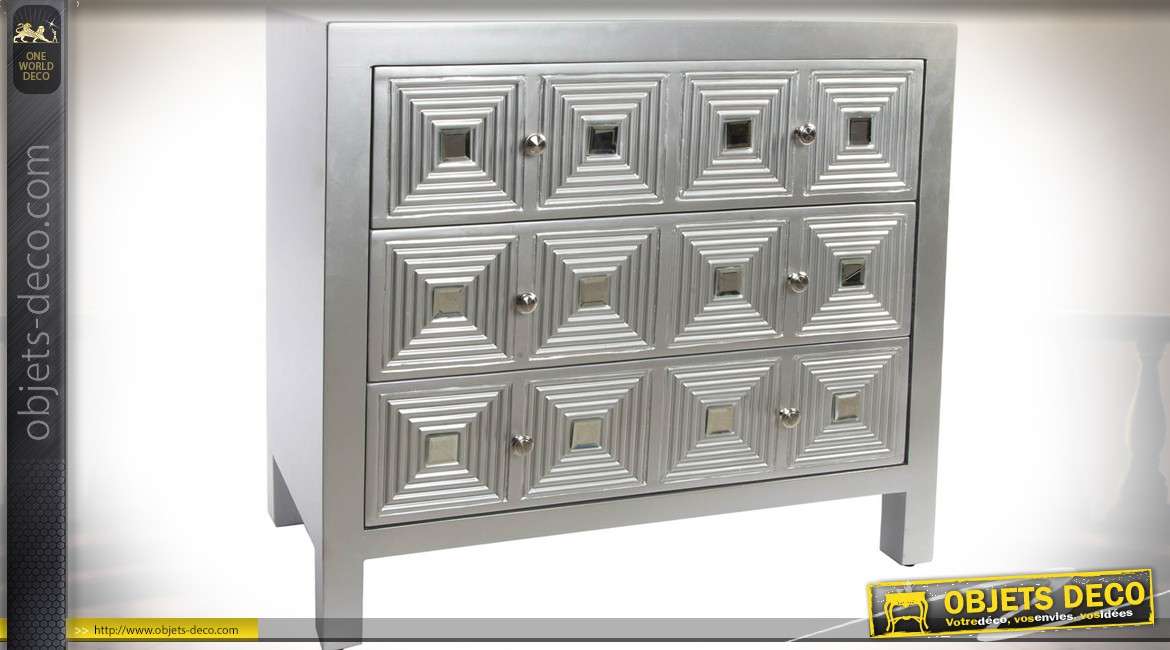 Commode gris argenté Art Déco façades de tiroirs en relief à motifs géométriques