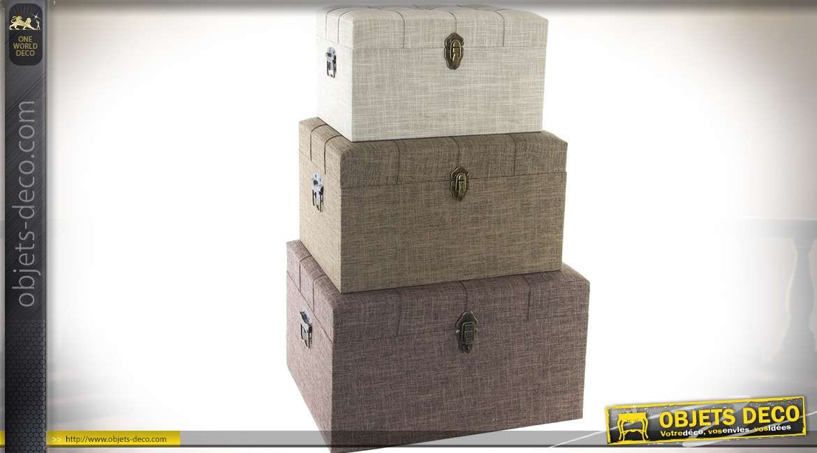 Ensemble de trois coffres / malles en bois avec habillage tissu 54 x 40 cm