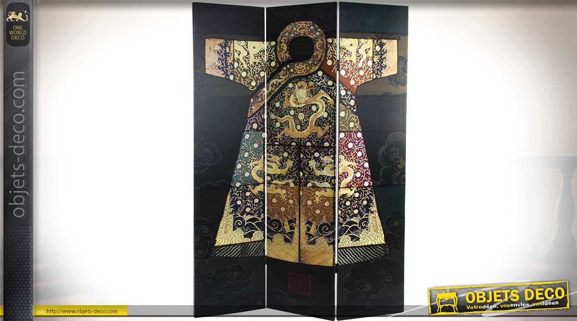 Paravent à 3 pans habillage en toile, coloris noir, motif kimono oriental 180 cm