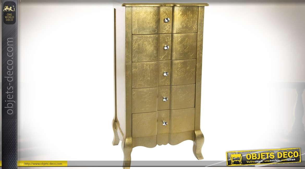 Chiffonnier inspiration style Louis XV à 5 tiroirs finition dorée brillante 95 cm