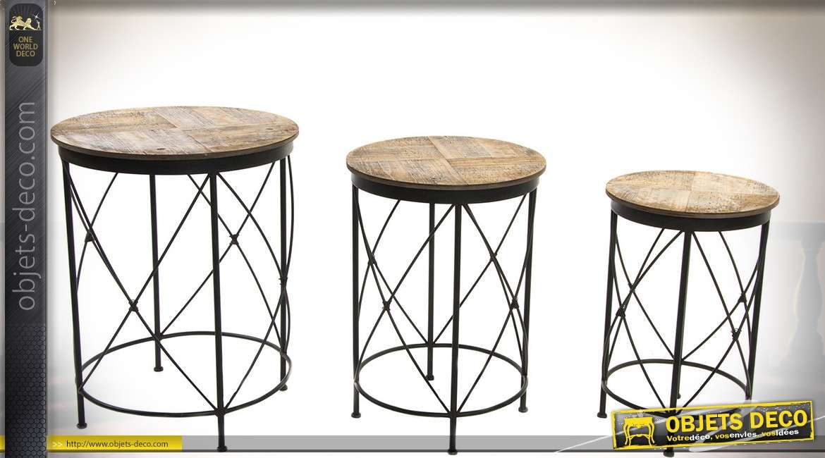 Ensemble de trois tables d'appoint rondes de style industriel bois et métal 61 cm
