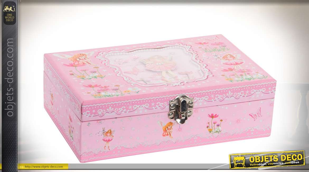 Boîte à bijoux en carton et métal, coloris rose clair et illustrations fleuries 23 x 15 cm