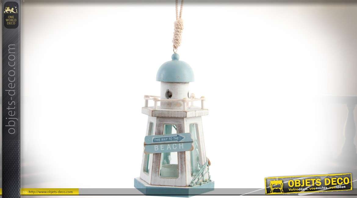 Lanterne en bois en forme de phare marin, coloris blanc et bleu clair 21,5 cm