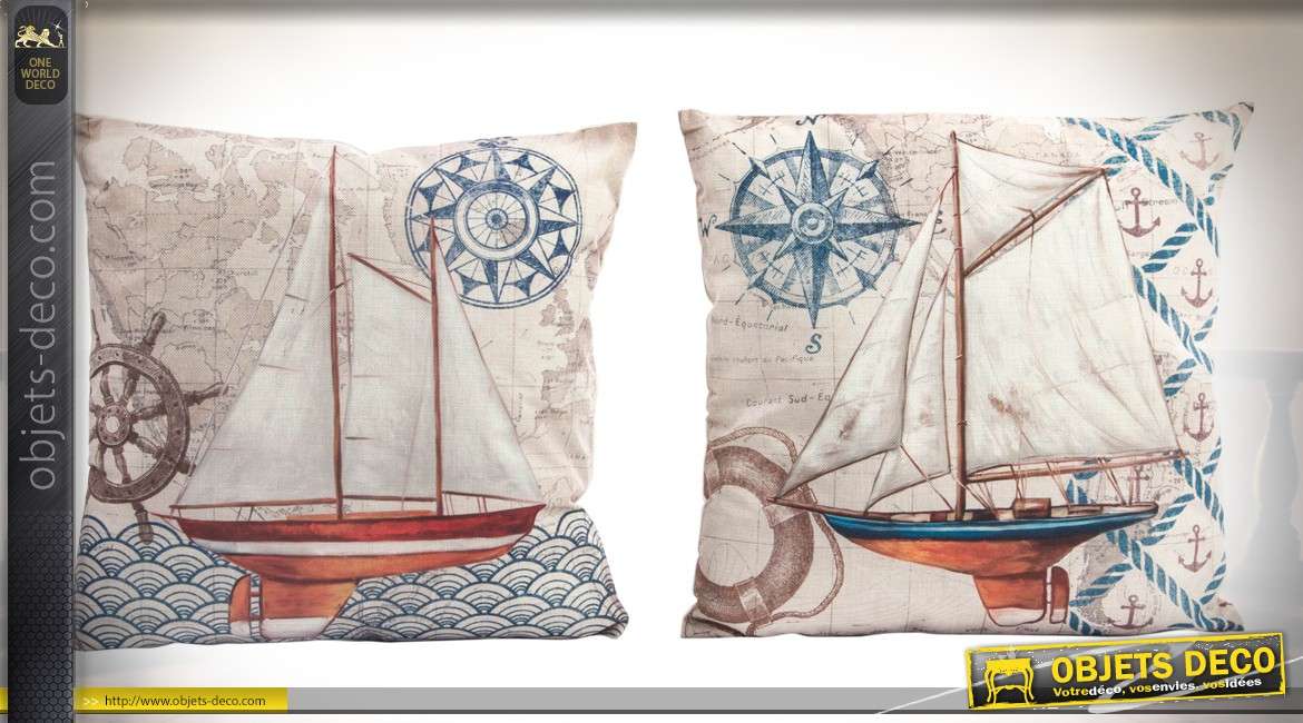 Série de 2 coussins 50 x 50 cm en lin avec garnitures thème bateaux et voiliers
