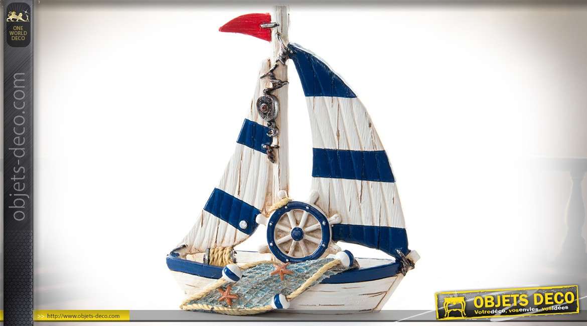 Miniature de bateau de pêcheur en résine et tissu coloris bleu et blanc 16 cm