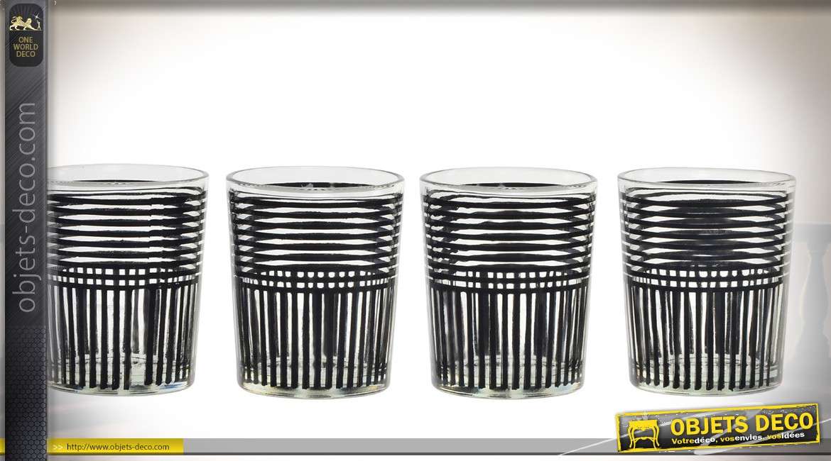 Série de 4 verres bougeoirs effets rayures noires Ø 7 cm